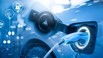 Energy EV car concept. Futuristic hybrid vehicle charge battery electric on station blur cityscape on panoramic banner blue background with icon illustration environment friendly. green eco technology
