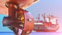 Low angle view propeller in rope guard with rudder at stern ship in shipyard on cargo container ship sailing in the sea background.; Shutterstock ID 1501362269; Jobnummer: 052002; Projekt: Marine; Endkunde: BASF SE, EV/K, Alexander Heusener; Sonstiges: BASF SE, ESI/K Matthias Baque Low angle view propeller in rope guard with rudder at stern ship in shipyard on cargo container ship sailing in the sea background.; Shutterstock ID 1501362269; Jobnummer: 052002; Projekt: Marine; Endkunde: BASF SE, EV/K, Alexander Heusener; Sonstiges: BASF SE, ESI/K Matthias Baque